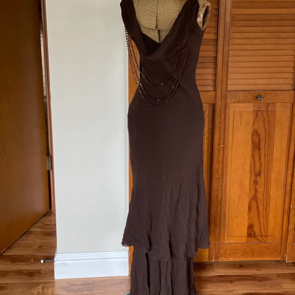 Brown Chiffon Gatsby Dress With Draping Beads | SM - Picture 2 of 16